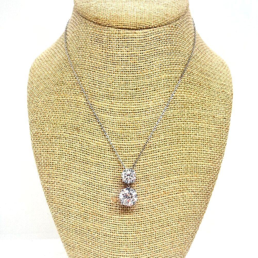 Sterling Silver Necklace CZ 925 Double Solitaire Drop Pendant Dainty Classic